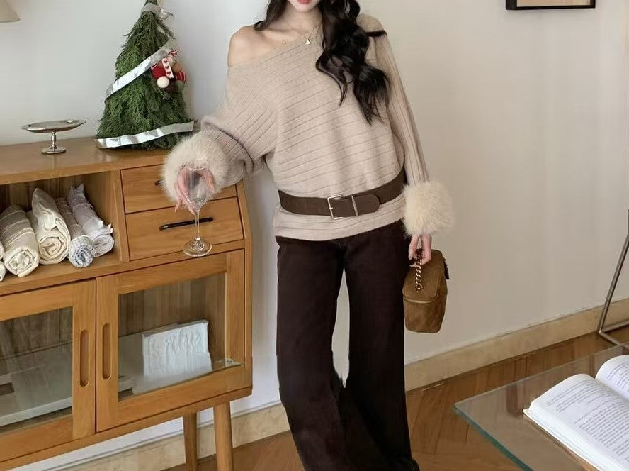 Women's Chic Off-shoulder Loose Knit Sweater with Fluffy Sleeves