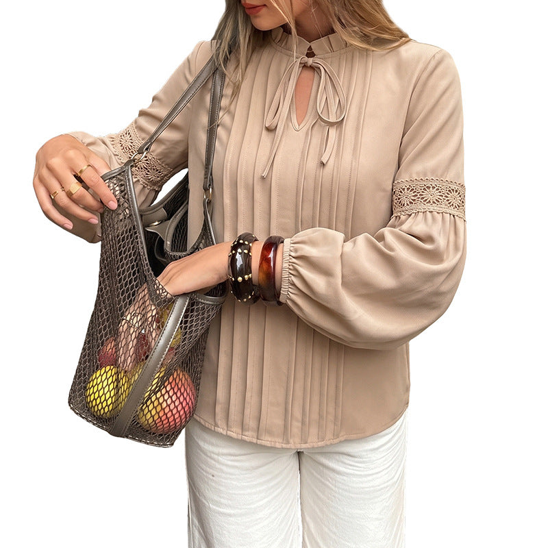 Women's Western Style Elegant Solid Color Lace V-Neck Ruffle Shirt