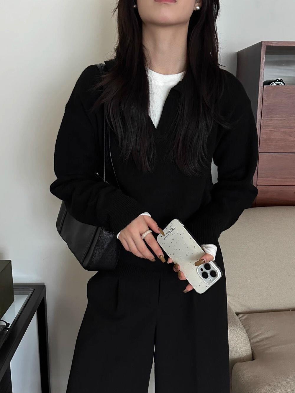 Women's Loose Knit Polo Collar Long Sleeve Pullover Sweater