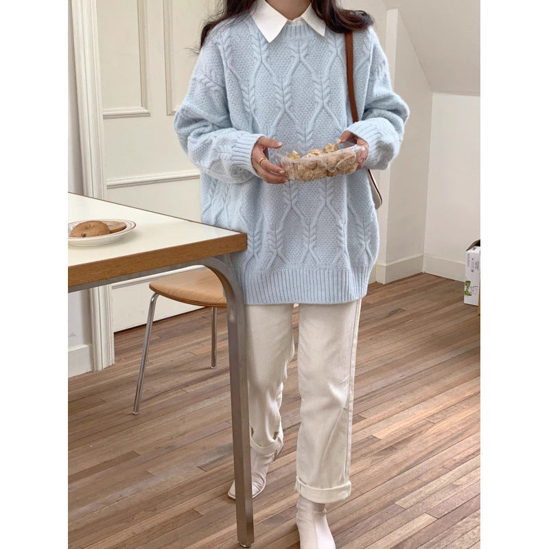 Solid Color Cable Knit Crew Neck Oversized Pullover Sweater for Women