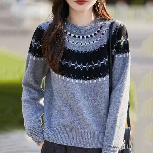 Fair Isle Pattern Long Sleeve Round Neck Women's Knit Sweater