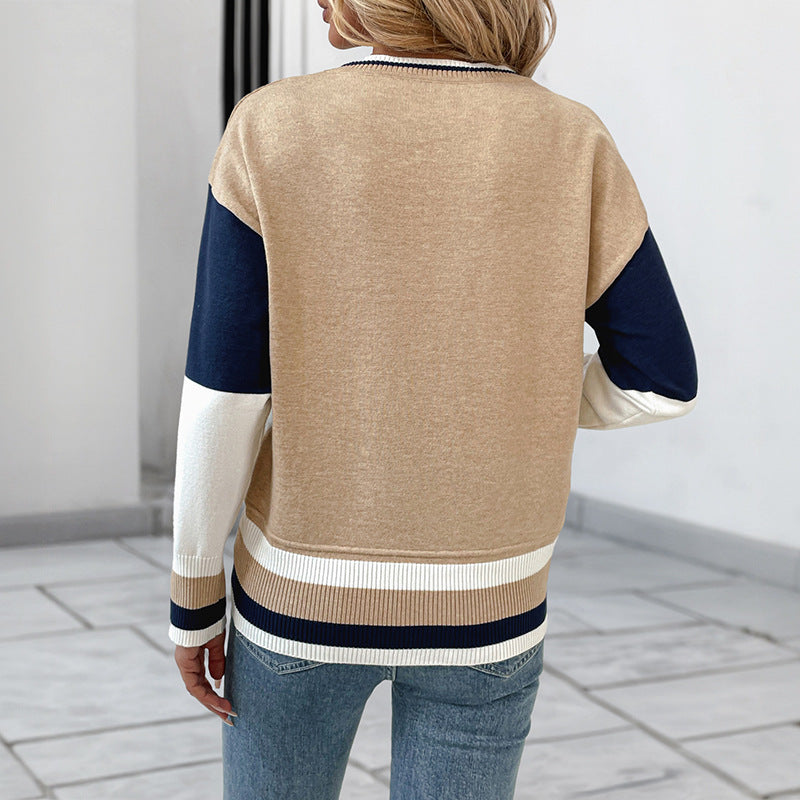 Women's Casual Color Block Round Neck Knit Pullover