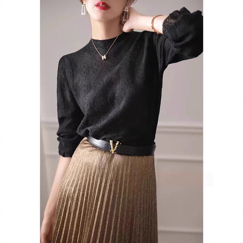 Elegant Chic Lace Knit Long Sleeve Mock Neck Sweater Top