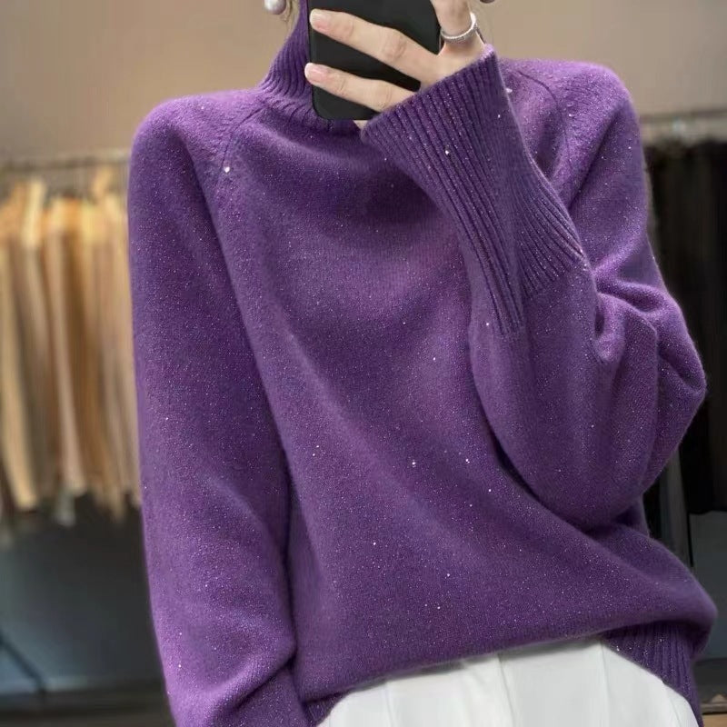 Women's Solid Color Sequined Thick Fold-over Collar Knit Top