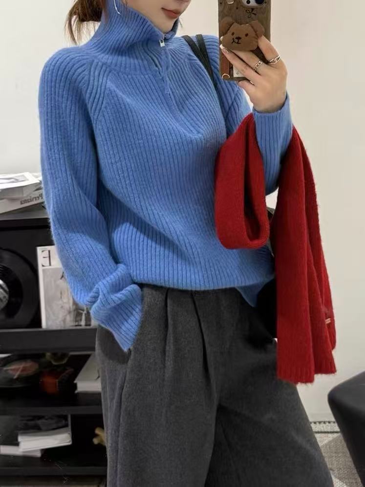Women's Loose Klein Blue Half-Zip Mock Neck Knit Sweater
