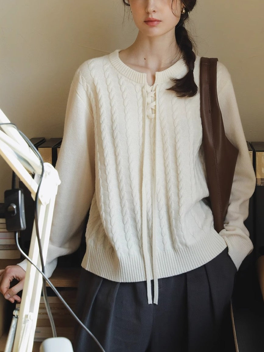 Style Cable Knit V-Neck Tie Detail Knit Top