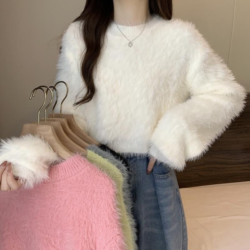 Women's Short Soft Faux Mink Plush Sweater Jacket -  Knit Top