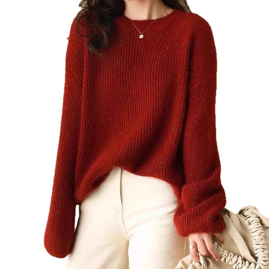 Women's Relaxed Style Shiny Thread Round Neck Loose Knit Top