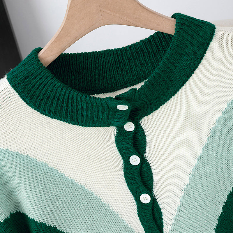 Color Block Long Sleeve Half Open Front Knit Sweater for Women
