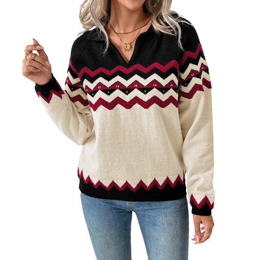 Women's Christmas Long Sleeve Pullover Knit Sweater with Line Pattern