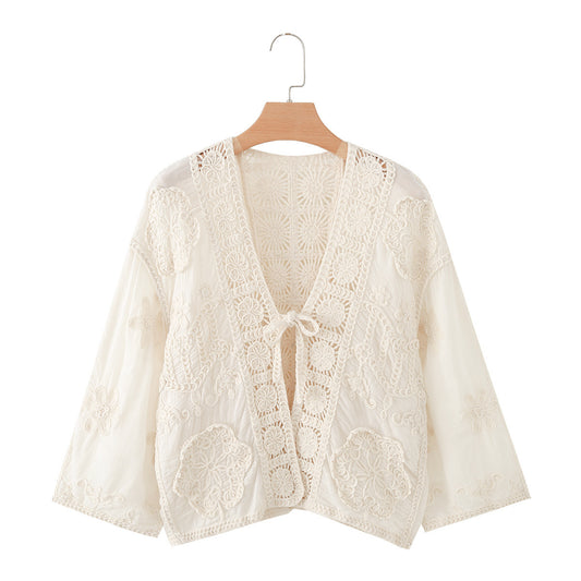 Bow tie tie hollow hook flower V-neck long sleeved shirt for women