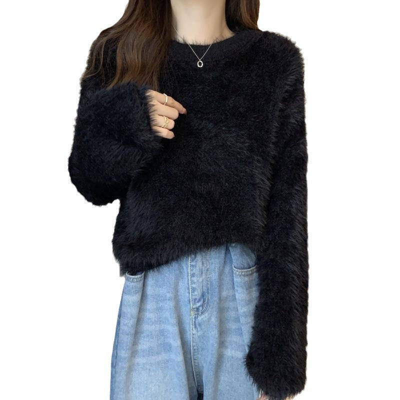 Women's Short Soft Faux Mink Plush Sweater Jacket -  Knit Top