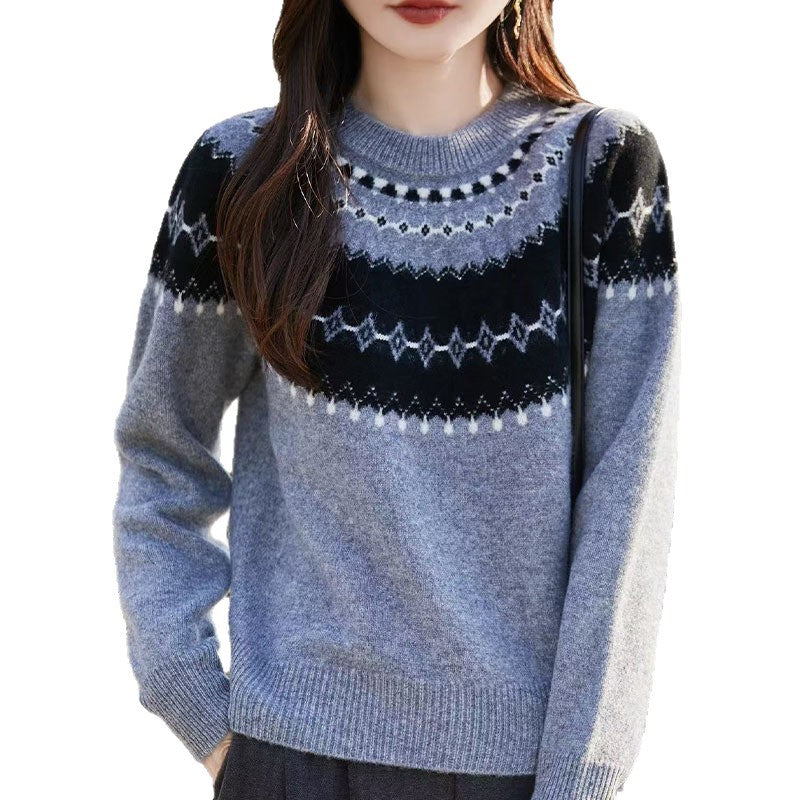 Fair Isle Pattern Long Sleeve Round Neck Women's Knit Sweater