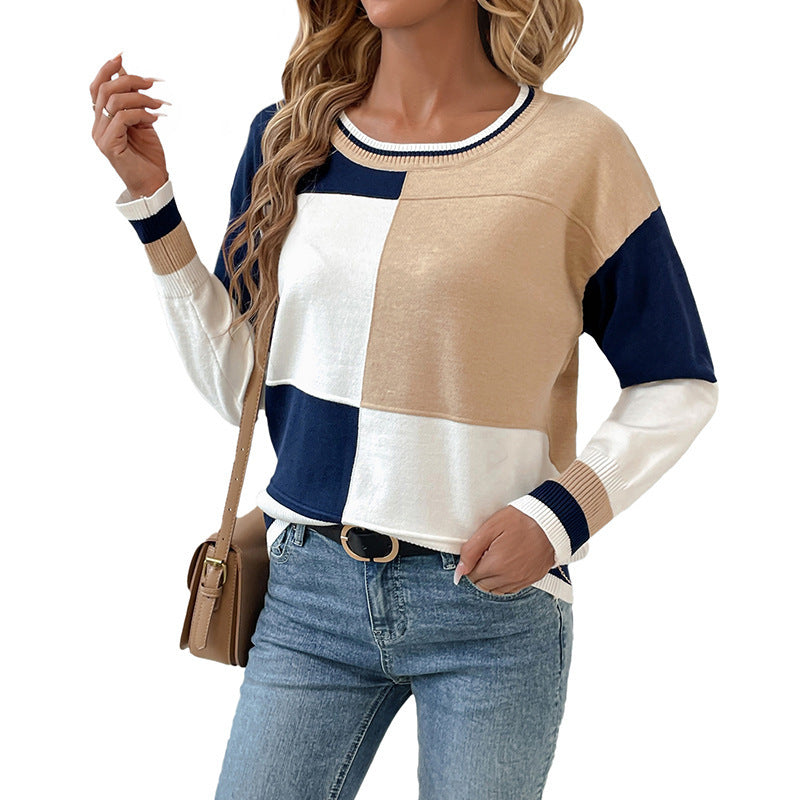 Women's Casual Color Block Round Neck Knit Pullover