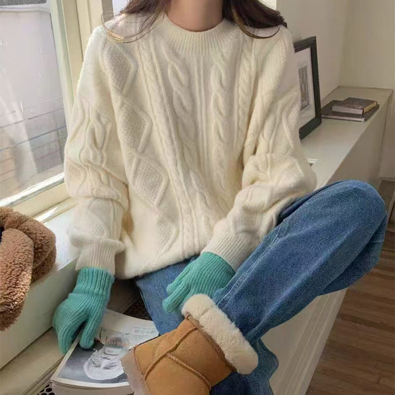 Gentle Style Cable Knit Women's Sweater, Soft &amp; Cozy Loose Fit Mid-Length Knit Top
