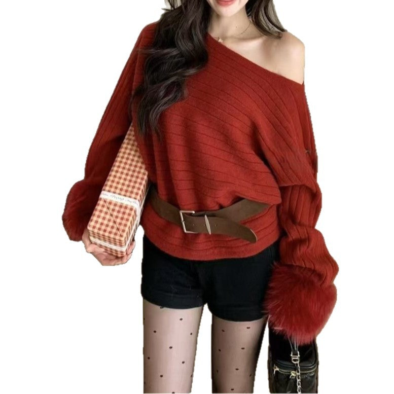 Women's  Chic Off-shoulder Loose Knit Sweater with Fluffy Sleeves