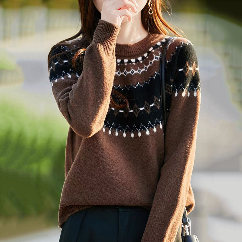 Fair Isle Pattern Long Sleeve Round Neck Women's Knit Sweater