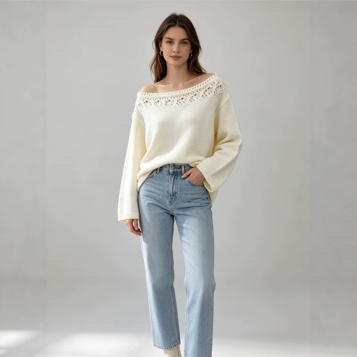 Hollow lace one neck sweater
