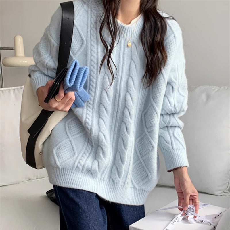 Gentle Style Cable Knit Women's Sweater, Soft &amp; Cozy Loose Fit Mid-Length Knit Top