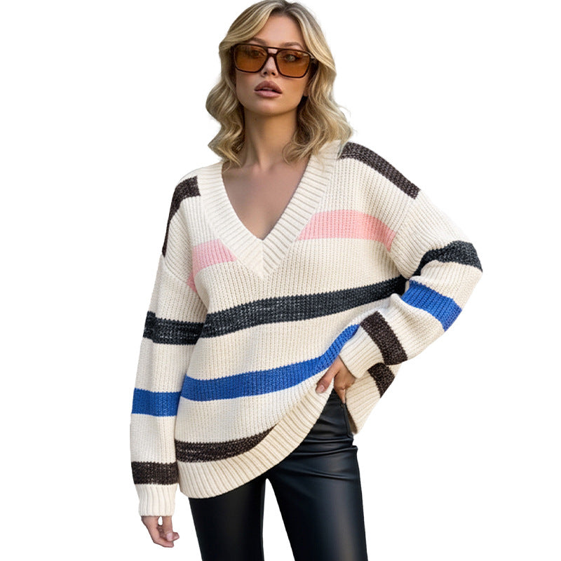 Women's  Casual Colorblock Stripe Long Sleeve V-Neck Sweater Top