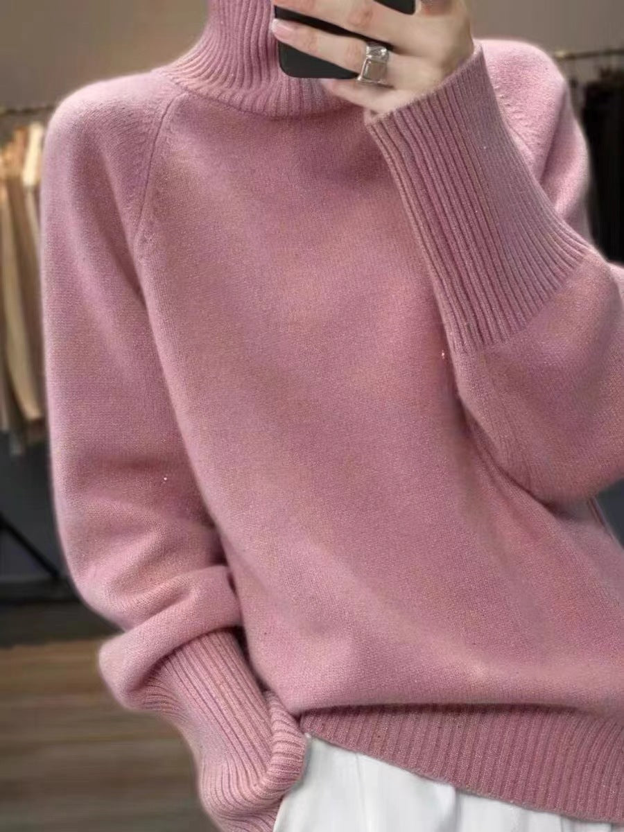 Women's Solid Color Sequined Thick Fold-over Collar Knit Top