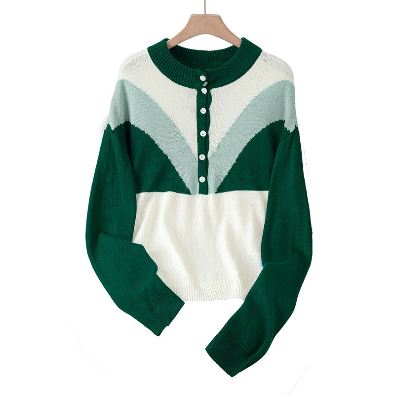 Color Block Long Sleeve Half Open Front Knit Sweater for Women
