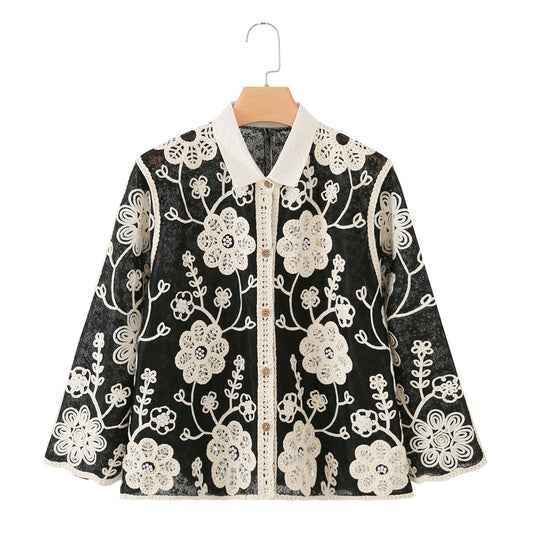 Hook flower hollowed out breasted lapel long sleeved shirt for women