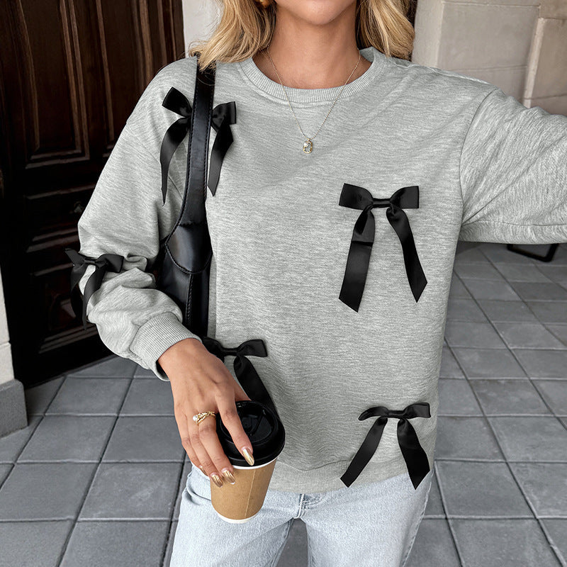 Women's Casual Round Neck Bow Detail Pullover Sweatshirt