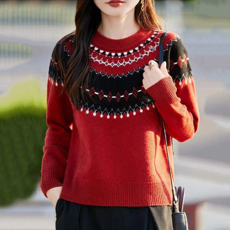 Fair Isle Pattern Long Sleeve Round Neck Women's Knit Sweater