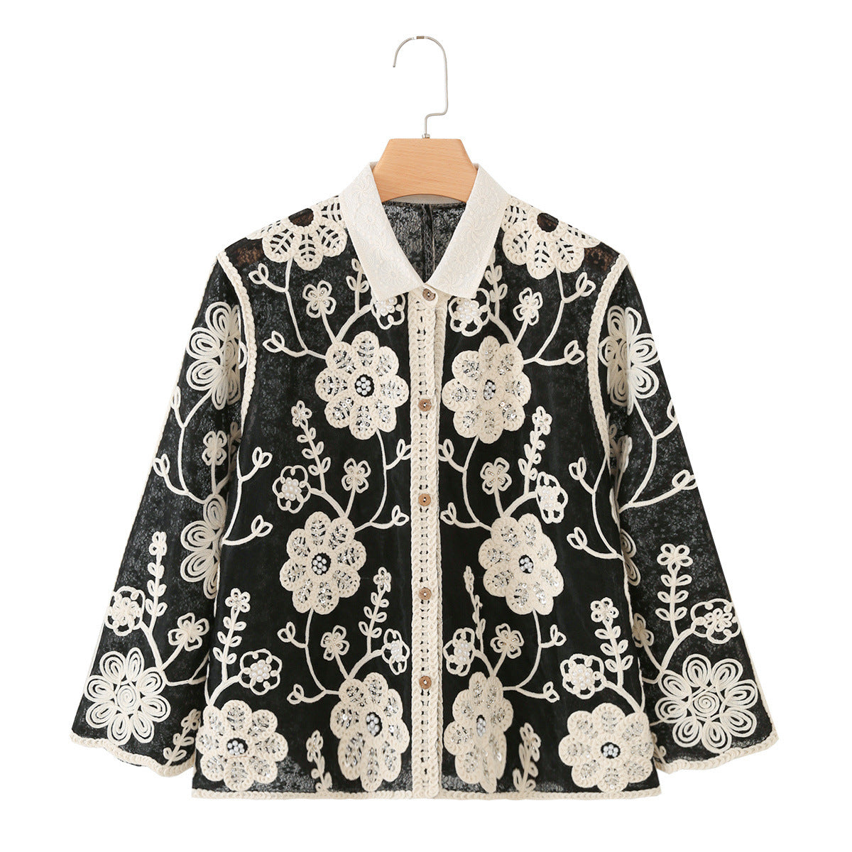 Hook flower hollowed out breasted lapel long sleeved shirt for women
