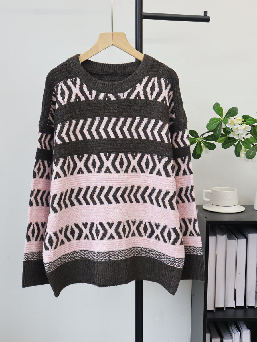 Round neck sequined loose sweater for women