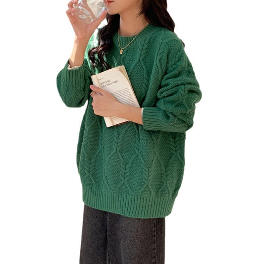 Solid Color Cable Knit Crew Neck Oversized Pullover Sweater for Women
