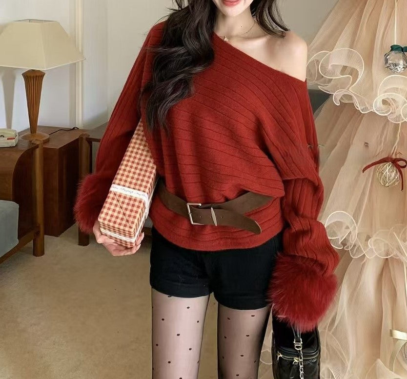 Women's  Chic Off-shoulder Loose Knit Sweater with Fluffy Sleeves