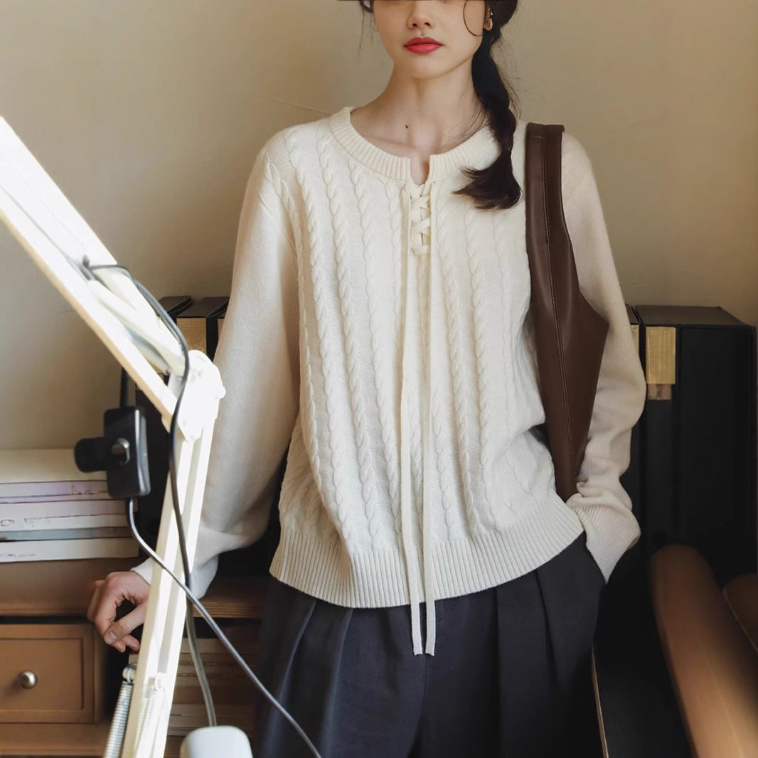 Style Cable Knit V-Neck Tie Detail Knit Top