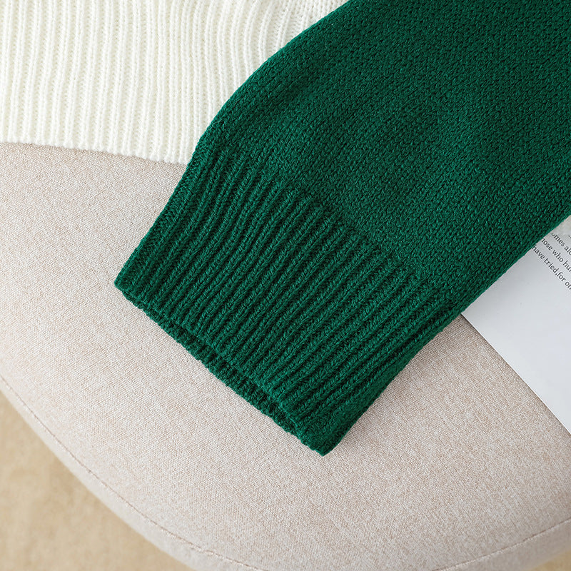 Color Block Long Sleeve Half Open Front Knit Sweater for Women