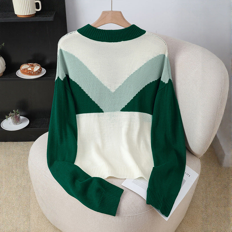 Color Block Long Sleeve Half Open Front Knit Sweater for Women