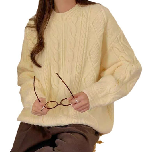 Gentle Style Cable Knit Women's Sweater, Soft &amp; Cozy Loose Fit Mid-Length Knit Top