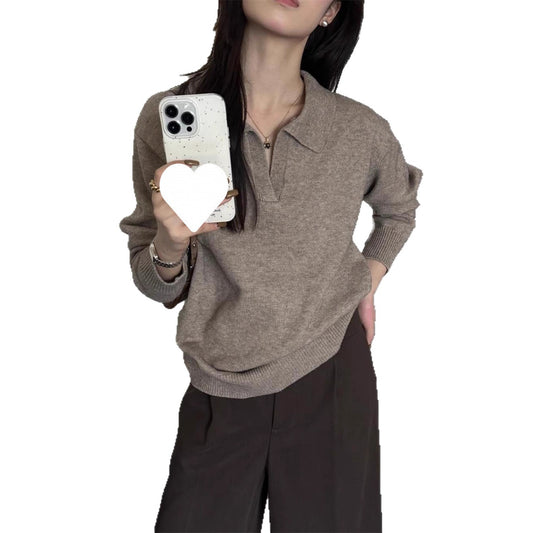 Women's Loose Knit Polo Collar Long Sleeve Pullover Sweater