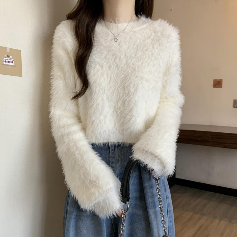 Women's Short Soft Faux Mink Plush Sweater Jacket -  Knit Top