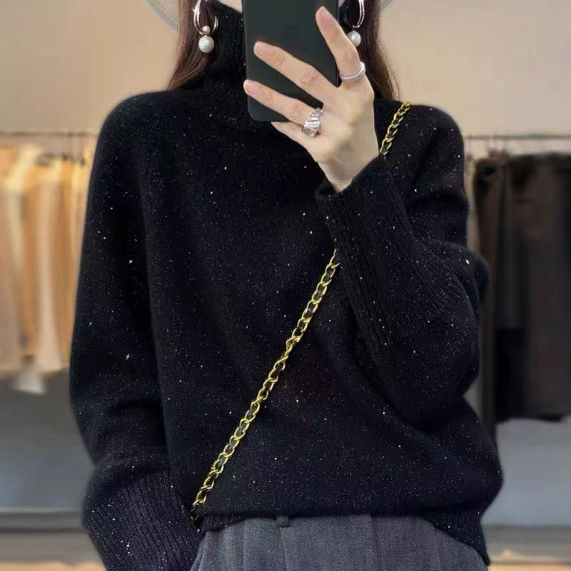Women's Solid Color Sequined Thick Fold-over Collar Knit Top
