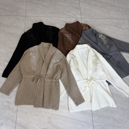 Sequined cardigan with tie up sweater