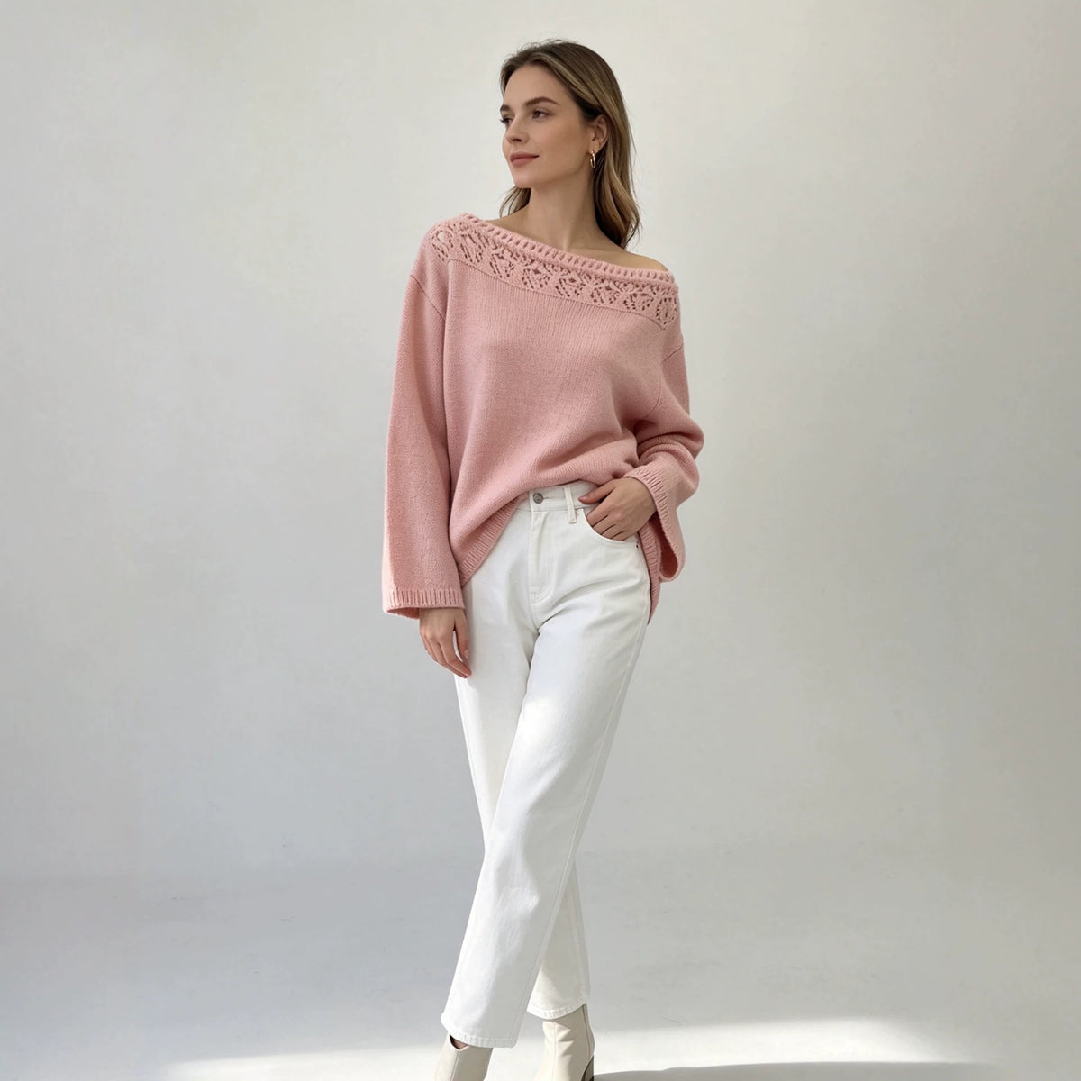 Hollow lace one neck sweater
