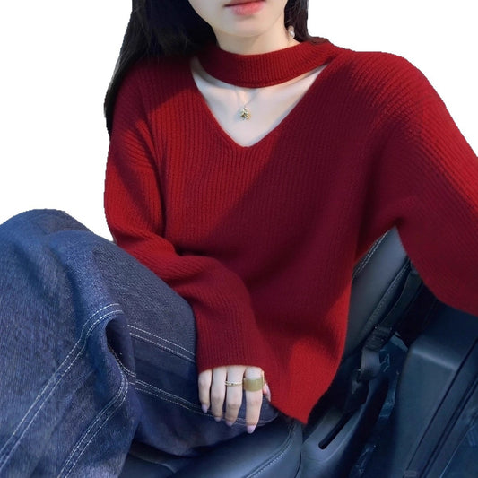 Relaxed Fit Long Sleeve Halter V-Neck Women's Raccoon Plush Sweater