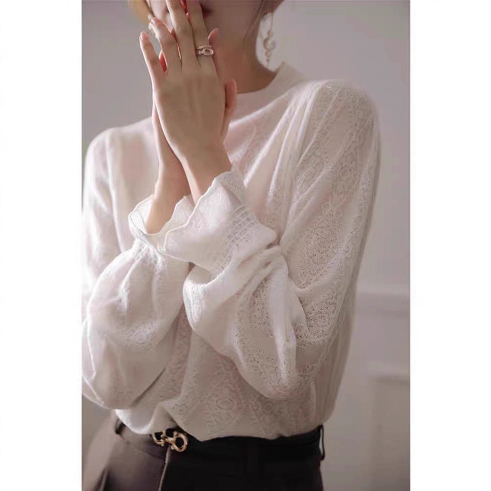 Elegant Chic Lace Knit Long Sleeve Mock Neck Sweater Top