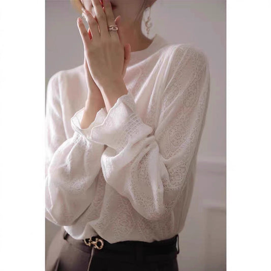 Elegant Chic Lace Knit Long Sleeve Mock Neck Sweater Top