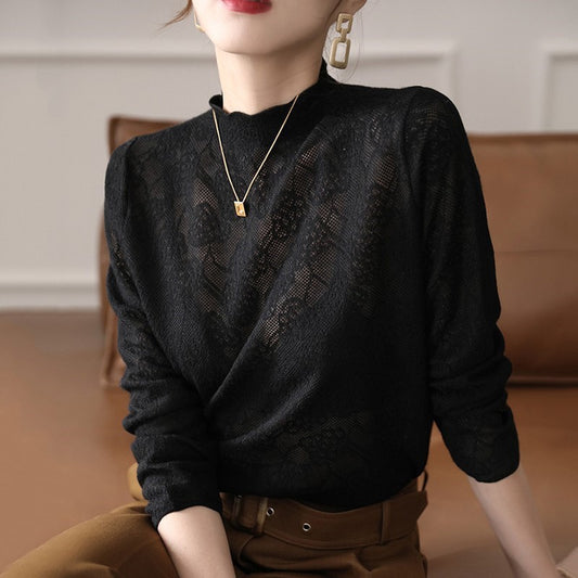 Style Elegant Cut-out Lace Ruffle Trim Jacquard Knit Top for Women