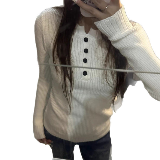 Relaxed White Slim Fit Knit Sweater Top for Women