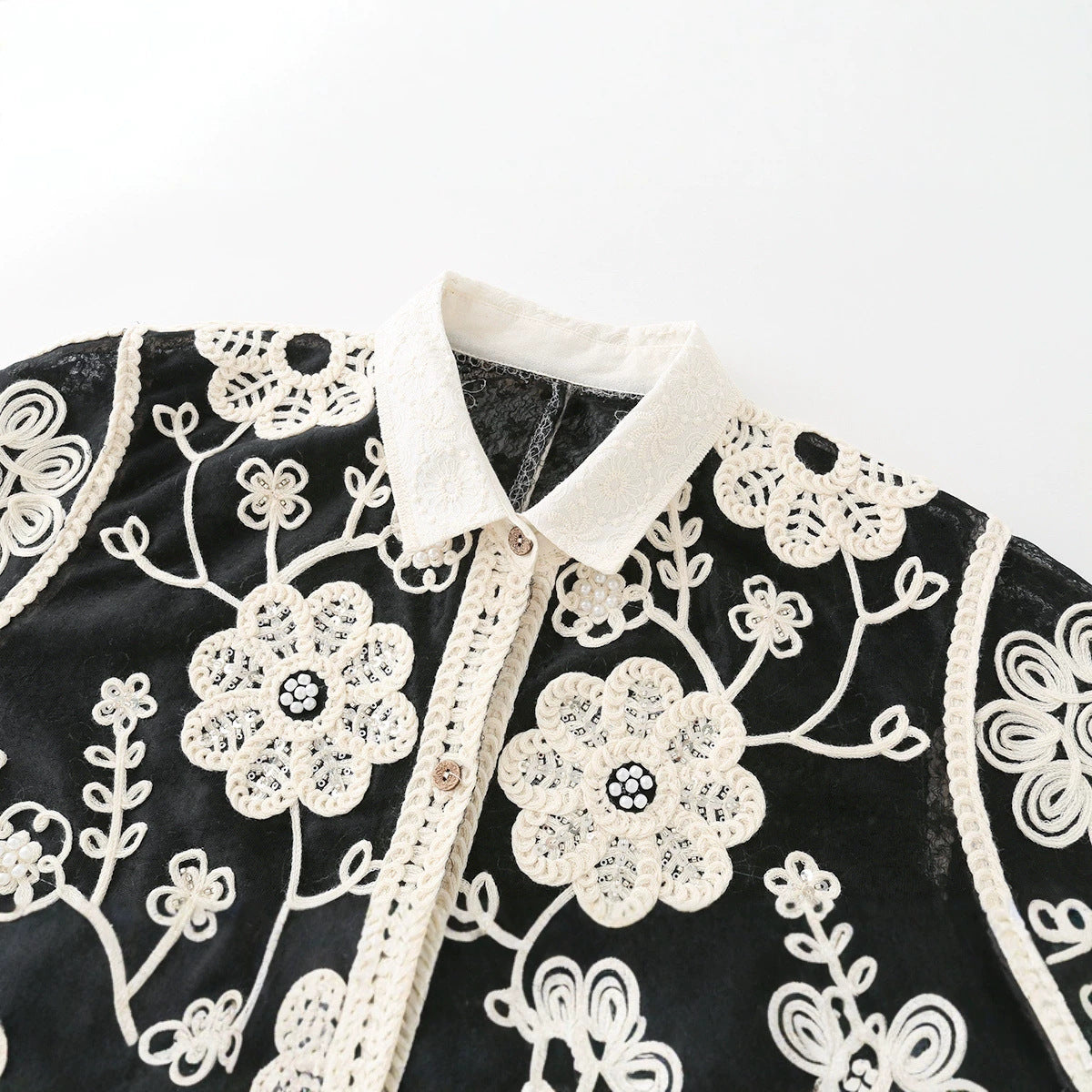 Hook flower hollowed out breasted lapel long sleeved shirt for women