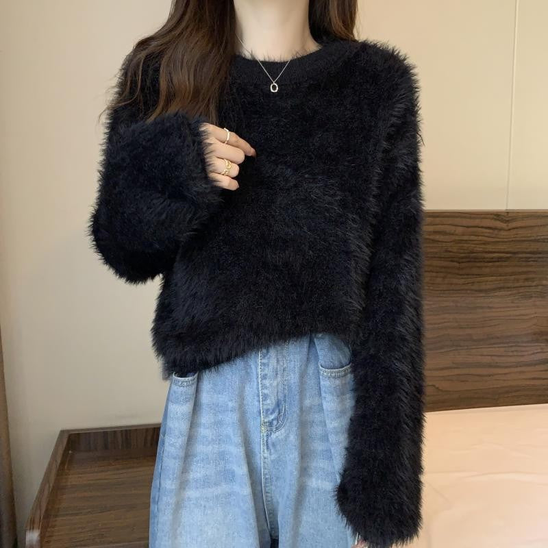 Women's Short Soft Faux Mink Plush Sweater Jacket -  Knit Top