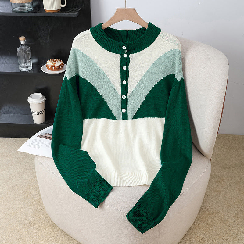 Color Block Long Sleeve Half Open Front Knit Sweater for Women